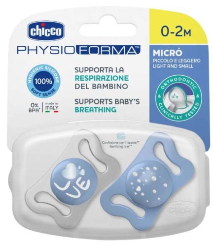 Chicco Пустышка силиконовая Micro, 0-2 месяца, 2 штуки / цвет голубой, рисунок нейтральный, капли